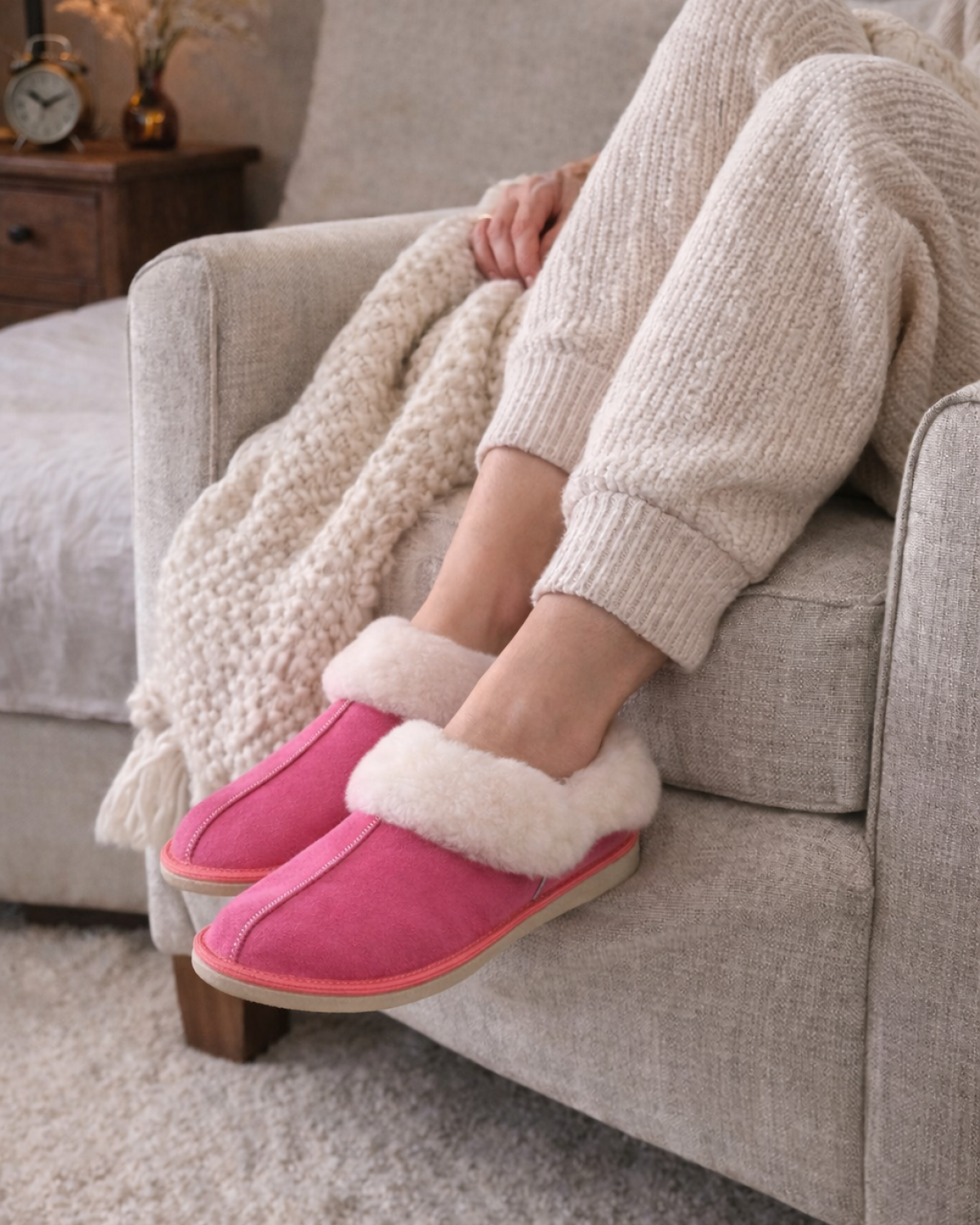 Natural Warm Cozy Leather ORGINAL Wool Sheepskin Fur Slippers Pink 