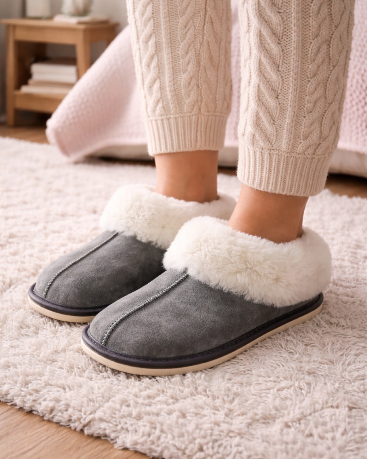 Natural Warm Cozy Leather ORGINAL Wool Sheepskin Fur Slippers Grey 1