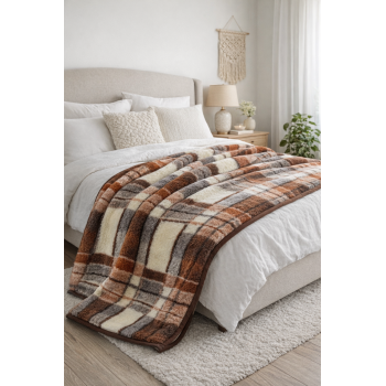 Natural Merino Wool Blanket Bed Throw , Bed Cover Sofa Pad Brown CHECKED 