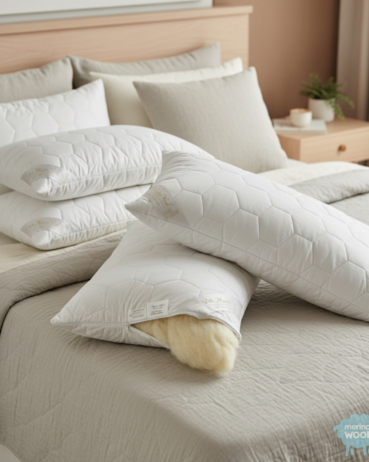 Pack of 2 Classic Merino Wool Pillow 45 x 75 cm + Removable Cotton Zipped Cover 19" x 29" Hypoallergenic